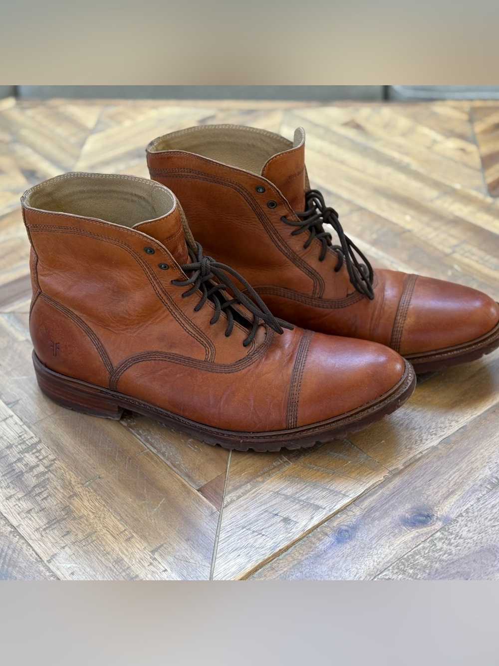FRYE AND CO. Cognac Brown Leather Lace-Up Cap-Toe Boots - Picture 2 of 5